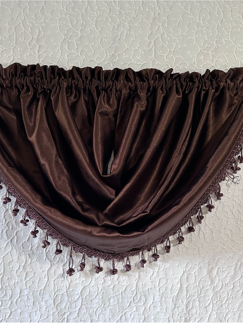 Elegant Brown Draped Valance with Beaded Trim - Home Accents